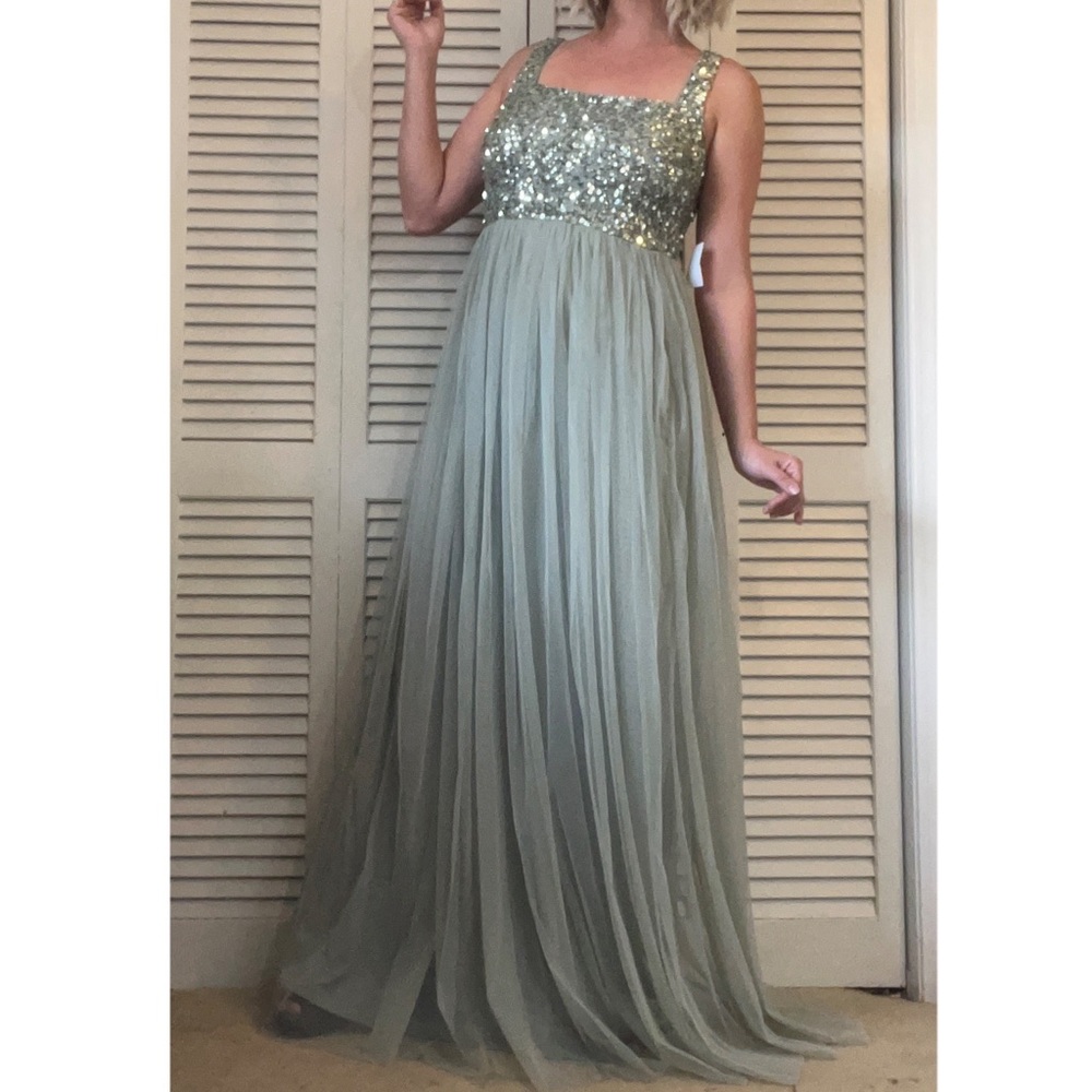 Maya Deluxe Grayish Green Flowing Sequin Formal Dress - Fairy Vibes - Size L